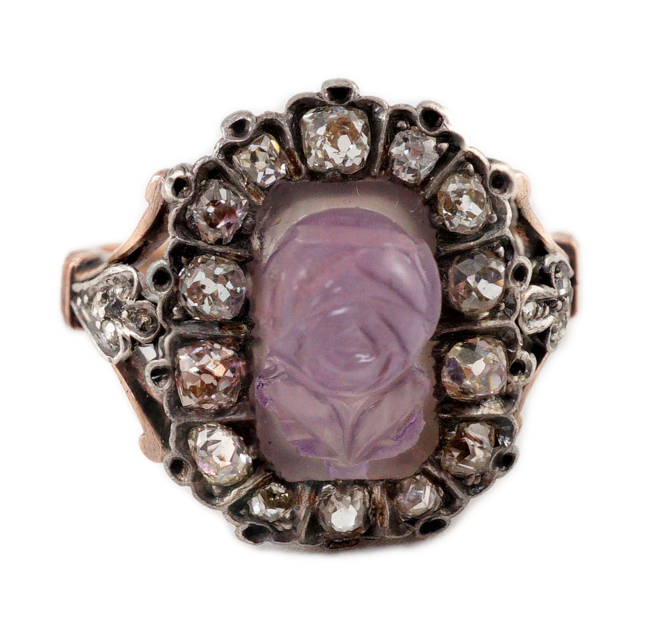 A 19th century gold, carved amethyst and diamond cluster set dress ring